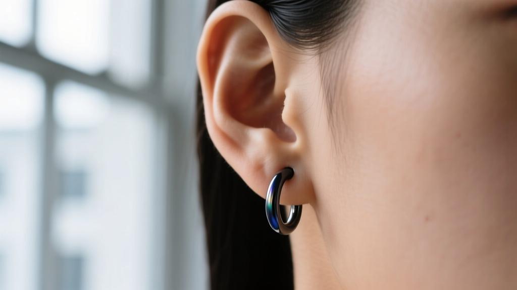 A left helix piercing wearing a niobium hoop, showing its dark anodized gunmetal finish in soft, diffused natural window light