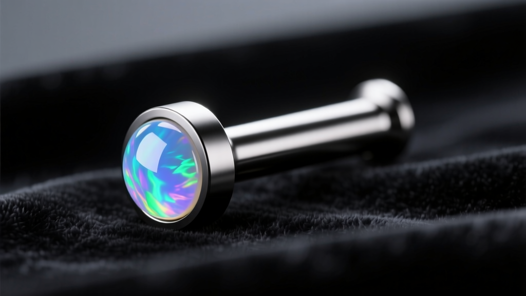 Close-up of an ASTM F-136 titanium labret post with an opal end, resting on dark velvet under soft studio lighting.