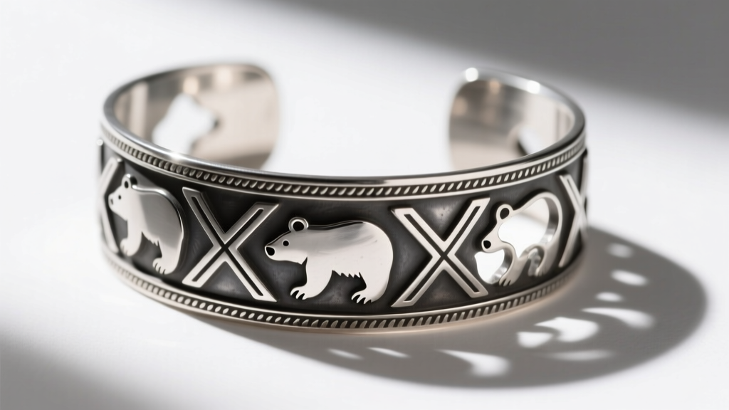 Top-down view of a Hopi sterling silver overlay bracelet featuring intricate geometric bear claw cutouts over an oxidized base.