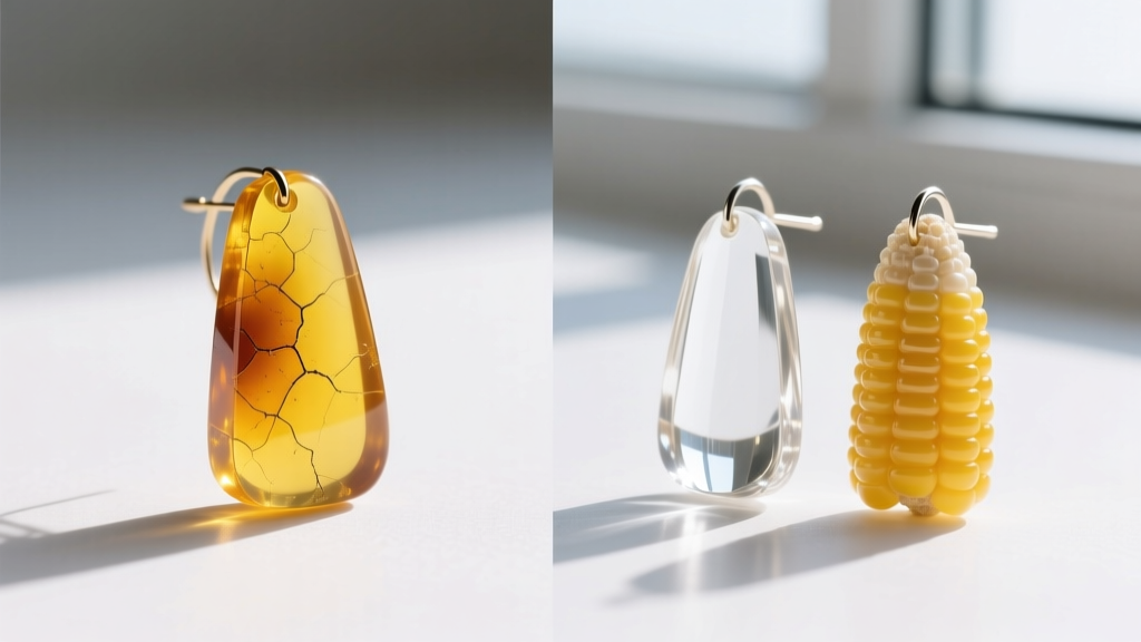Side-by-side comparison of epoxy resin corn earrings showing UV yellowing on the left and crystal clear gloss on the right side.