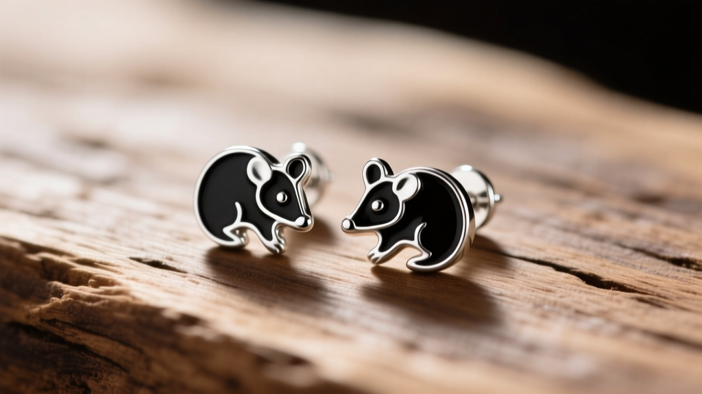 Macro shot of sterling silver possum stud earrings with black hard enamel details on weathered oak, soft natural lighting