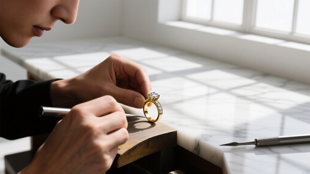 Jeweler's loupe view comparing a chamfered bevel on a gold square earring edge against a sharp 90-degree knife edge.