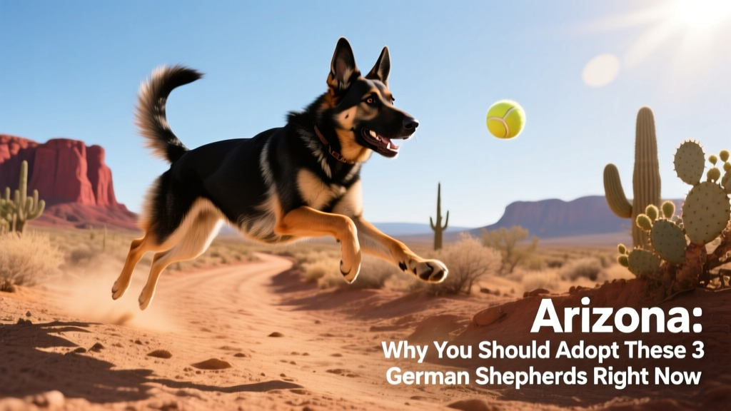 Sampson mid-leap chasing a tennis ball on a sun-drenched desert trail, ears flying and tail high