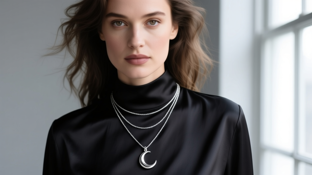 Close-up of a woman wearing a layered 925 sterling silver Artemis necklace with a crescent moon pendant over a dark silk blouse.