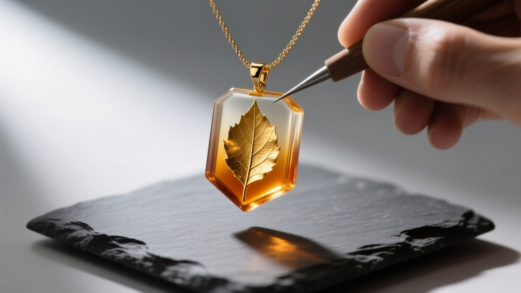 Macro shot of a hydroneer crafting necklace pendant with suspended gold leaf in hydro-cured resin, resting on a dark slate surface