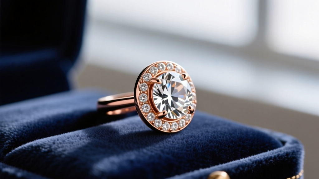 Close-up of a 14k rose gold bezel set diamond earring on velvet, showing warm metal reflection against a near-colorless diamond.