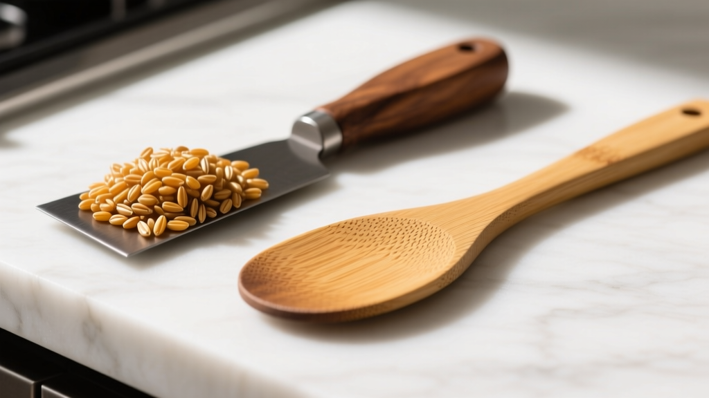 Macro photography comparing tight grain of teakwood turner against fibrous edge of cheap bamboo spatula on a white quartz countertop