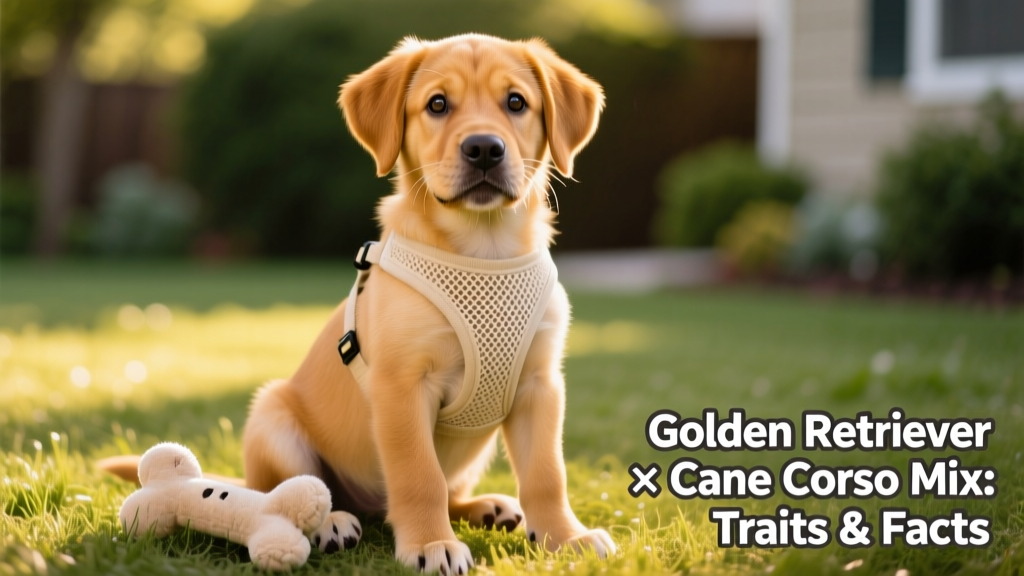 A happy Golden Corso puppy sitting attentively on grass, wearing a lightweight harness, with a soft toy nearby—showcasing its alert expression and balanced proportions