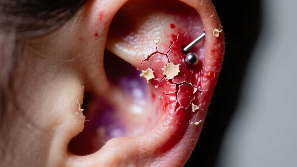 Macro photo of an inflamed earlobe piercing with contact dermatitis, showing redness and flaking skin under clinical lighting.