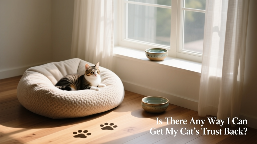 A serene indoor space with a cozy cat bed, window perch, and food/water bowls arranged thoughtfully in quiet corners
