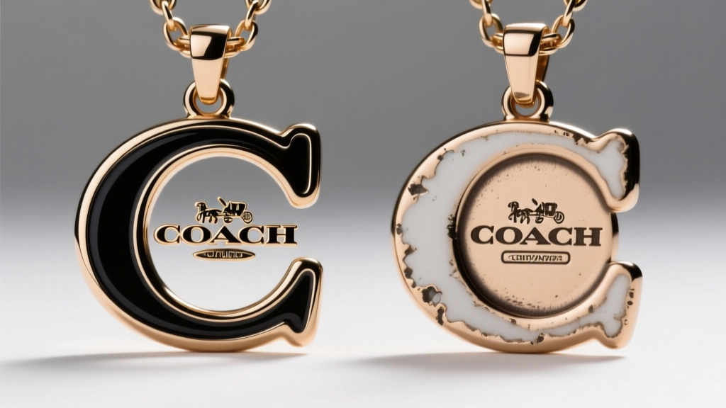 Macro comparison of real and fake Coach C pendants, highlighting differences in font weight, enamel borders, and back stamp depth.