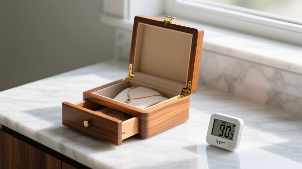 Side view of a cedar-lined wooden necklace box with a humidity drawer, resting on a marble vanity near a digital hygrometer.