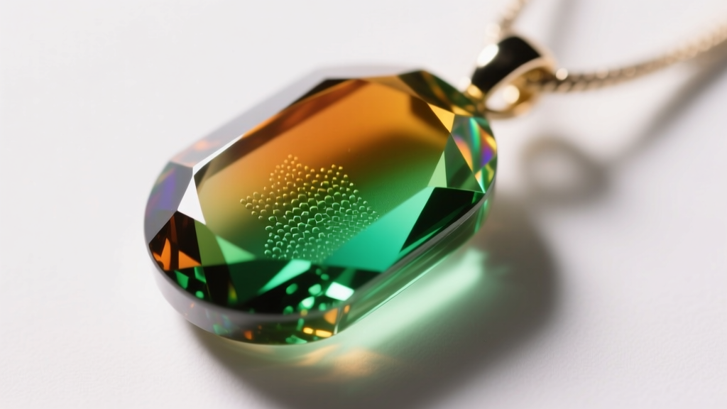 Macro shot of thermochromic liquid crystals in a quartz pendant showing an amber to green gradient under warm studio lighting.