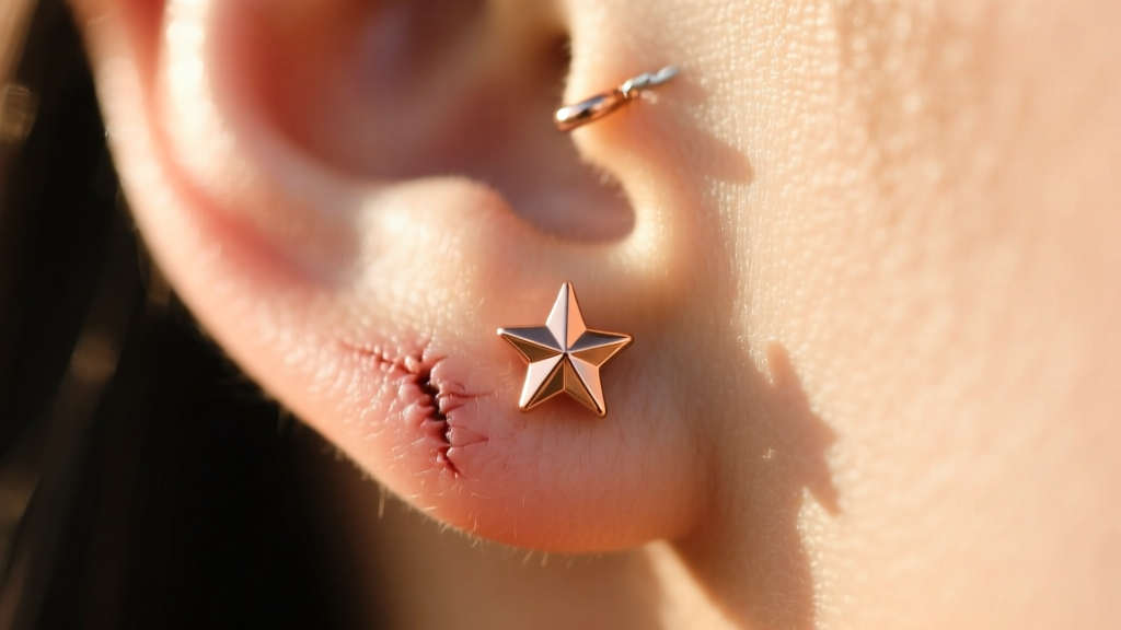 Close-up of a healed cartilage piercing wearing a delicate 16-gauge rose gold star stud earring, illuminated by warm sunlight.
