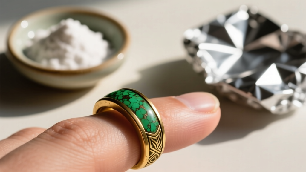 Close-up of a brass-based ring turning a finger green, with a dish of baking soda and aluminum foil in the blurred background.