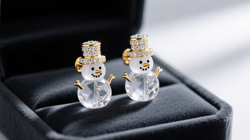 Elegant 18k white gold snowman earrings with pavé diamond top hats and frosted quartz bodies resting on a dark velvet display.