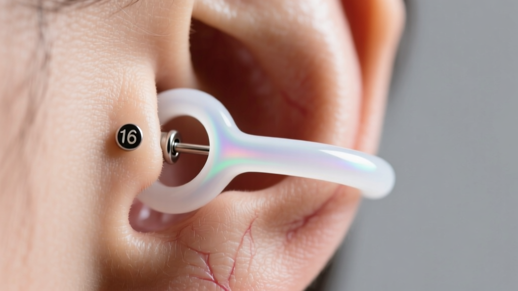 Close-up of a flexible PTFE retainer inserted into a healed 16-gauge helix cartilage piercing under bright, even studio lighting