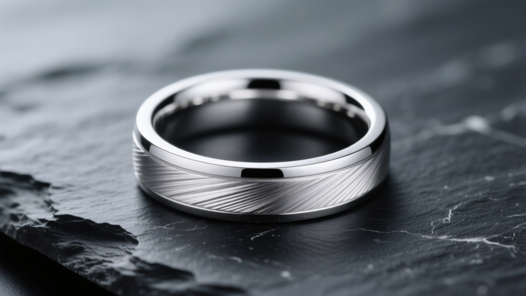 Macro shot of a brushed Pd950 palladium band on dark slate, highlighting its natural white-grey luster and subtle scratch patina.