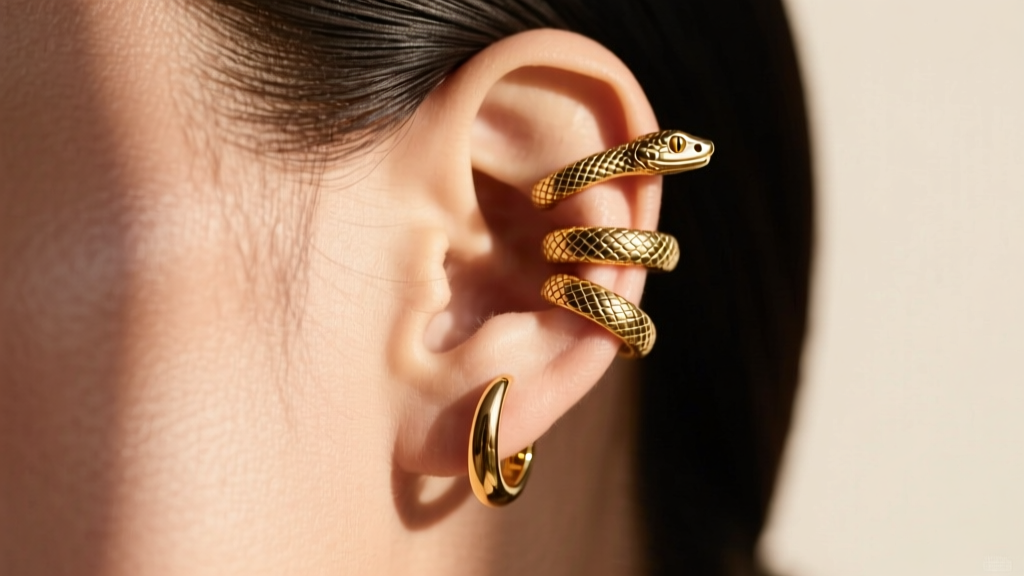 Side profile of a wearer showing three stacked snake ear cuffs placed along the helix, lobe, and tragus, soft natural sunlight.