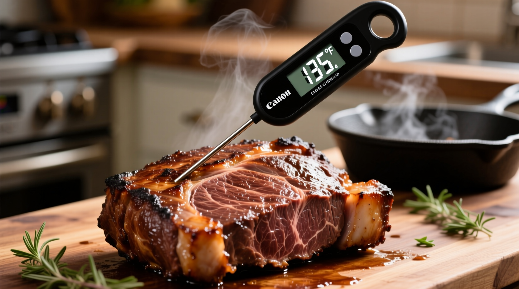 Digital meat thermometer showing 135 degrees in beef roast