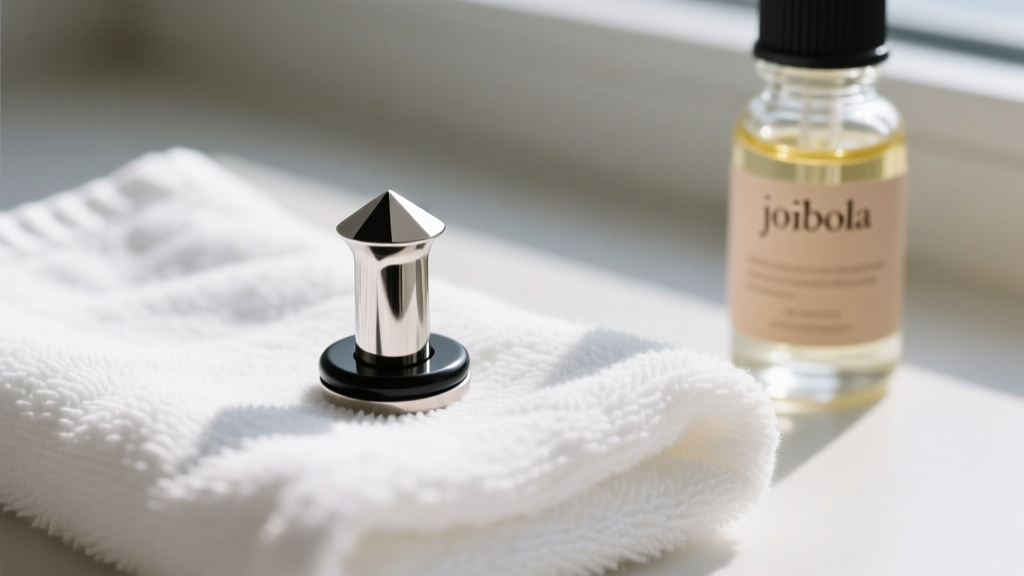 Macro shot of a titanium single-flared plug earring with a black O-ring on a white towel next to a small bottle of jojoba oil