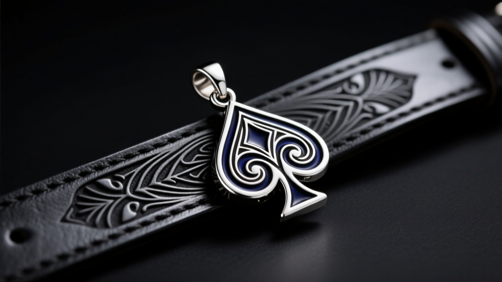 Sterling silver ace of spades pendant on black leather with deep engraving and dark enamel fill under soft studio lighting.