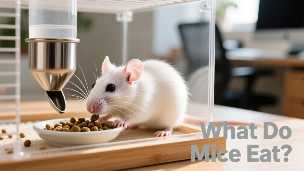 Close-up of a mouse interacting with a sipper bottle and a small dish of FurPetVo pellets inside a clean, well-lit cage