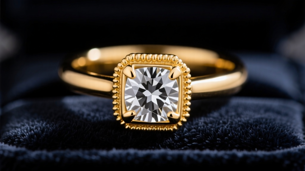 Macro shot of a 14k yellow gold ring with a hexagonal salt and pepper diamond and fine milgrain edges resting on dark velvet