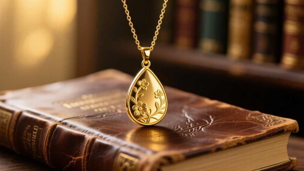 Gold teardrop pendant with floral engraving on a delicate chain resting on a faded leather journal under warm cinematic lighting.