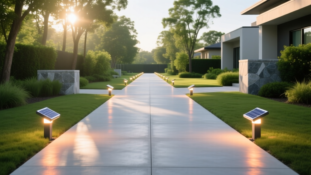 Solar-powered LED pathway lights illuminating a clear 36-inch wide concrete walkway leading to a senior