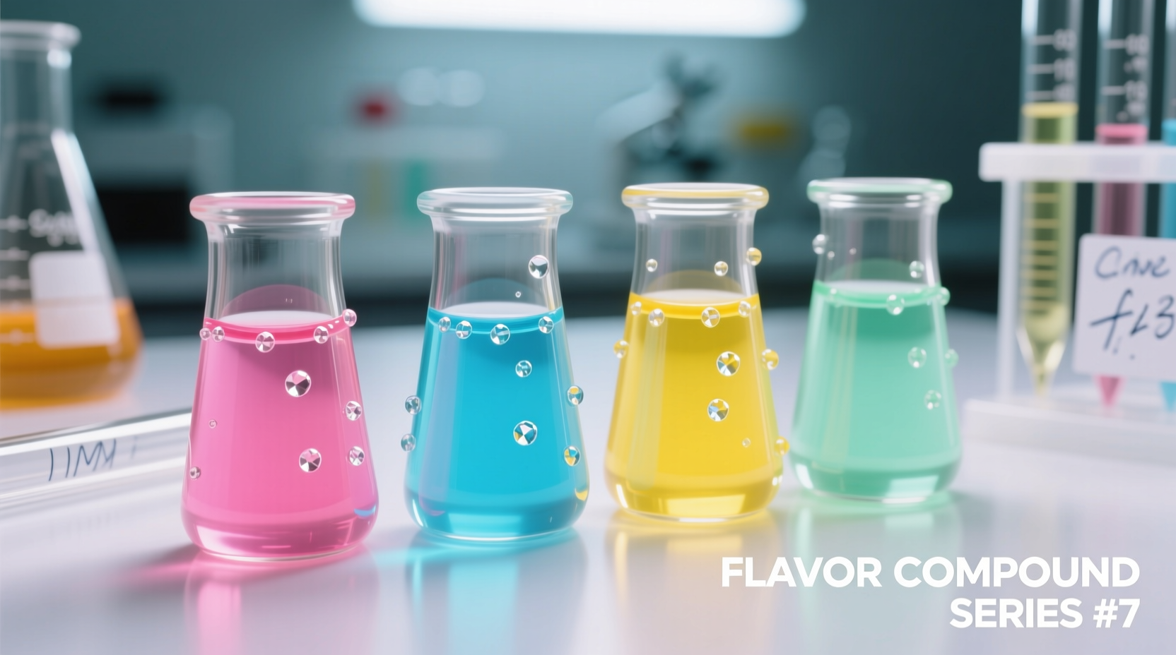Close-up of colorful bubble gum flavor compounds in laboratory vials