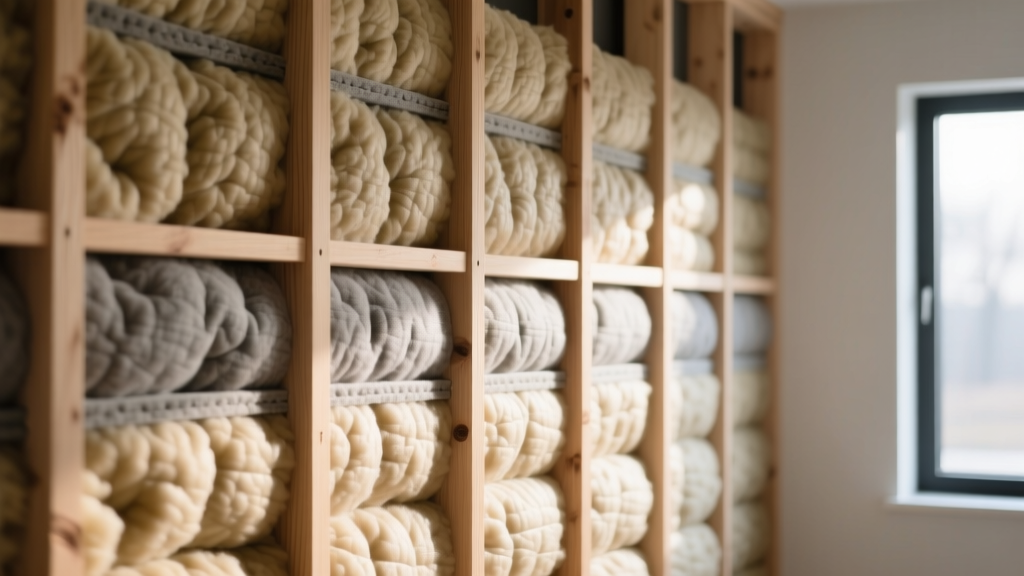 Cross-section of a modern interior wall revealing dense mineral wool batts installed between wooden studs for acoustic and thermal control