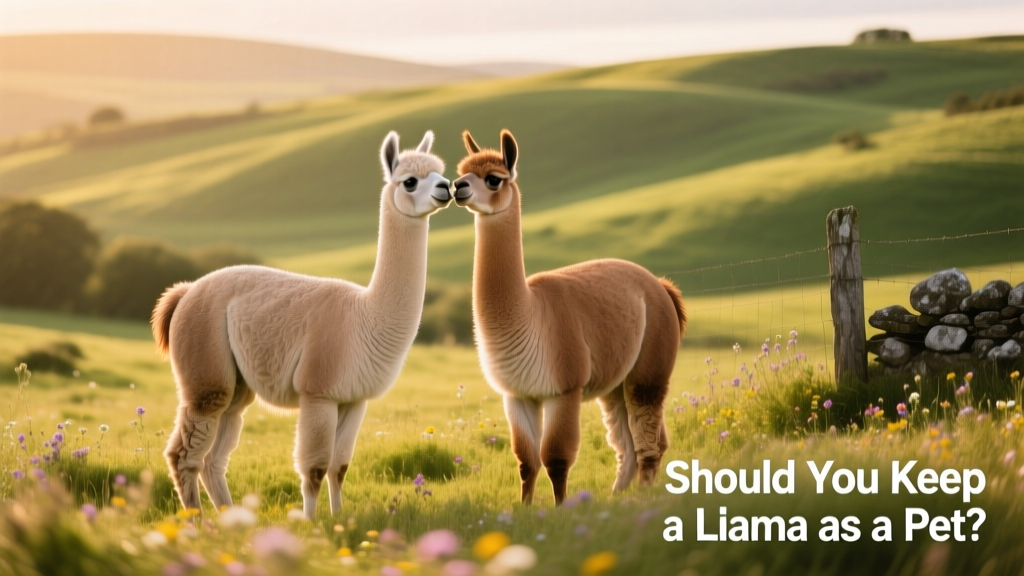 Two llamas standing side by side, one gently nuzzling the other’s neck in a peaceful pasture setting
