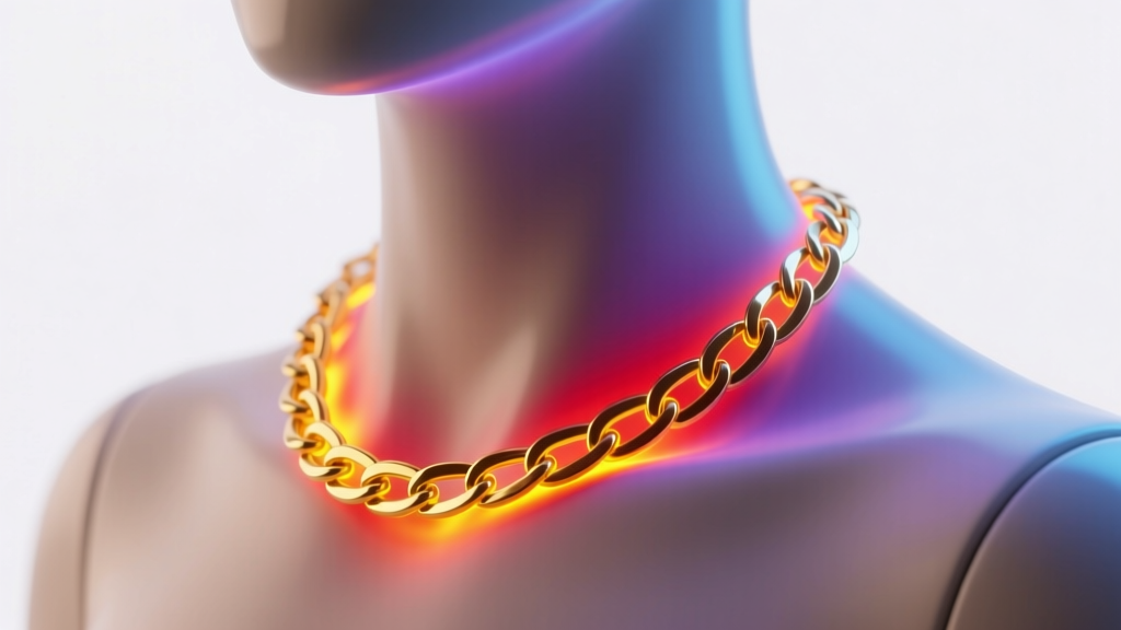 Thermal graphic showing heat concentration around a 14k gold chain necklace on a mannequin neck during a simulated MRI scan