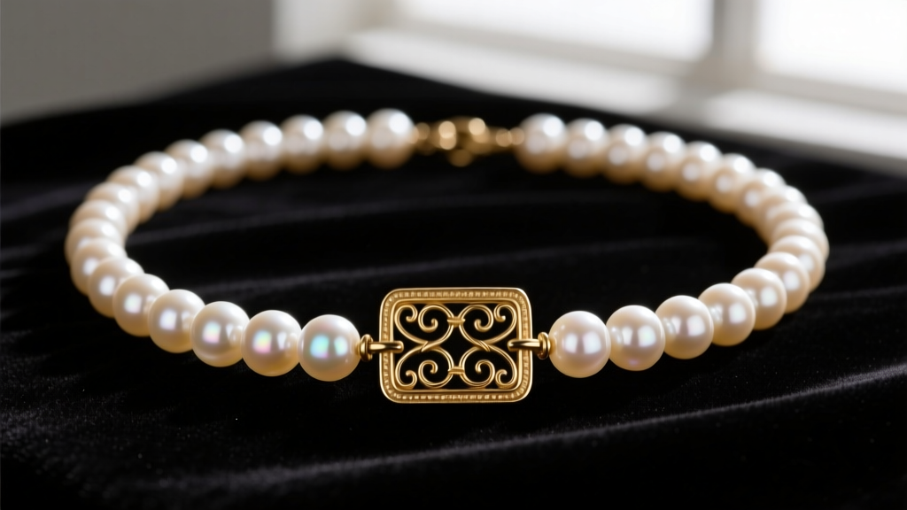 Close-up of a vintage 1950s Akoya pearl choker on dark velvet, highlighting high luster and a 14k gold filigree box clasp.