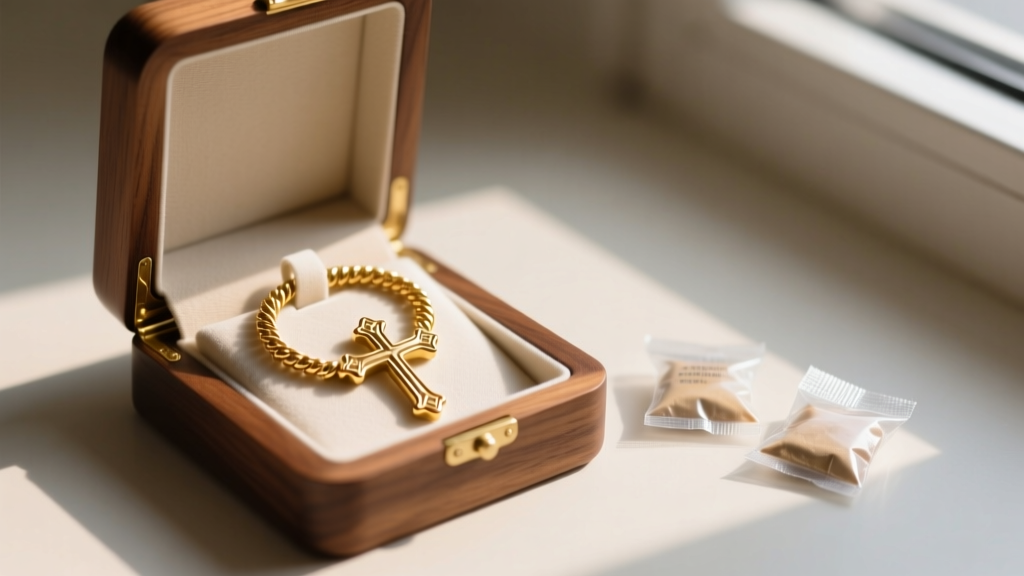 Open wood jewelry box displaying a coiled gold-plated cross necklace resting on an anti-tarnish cloth beside silica gel packets