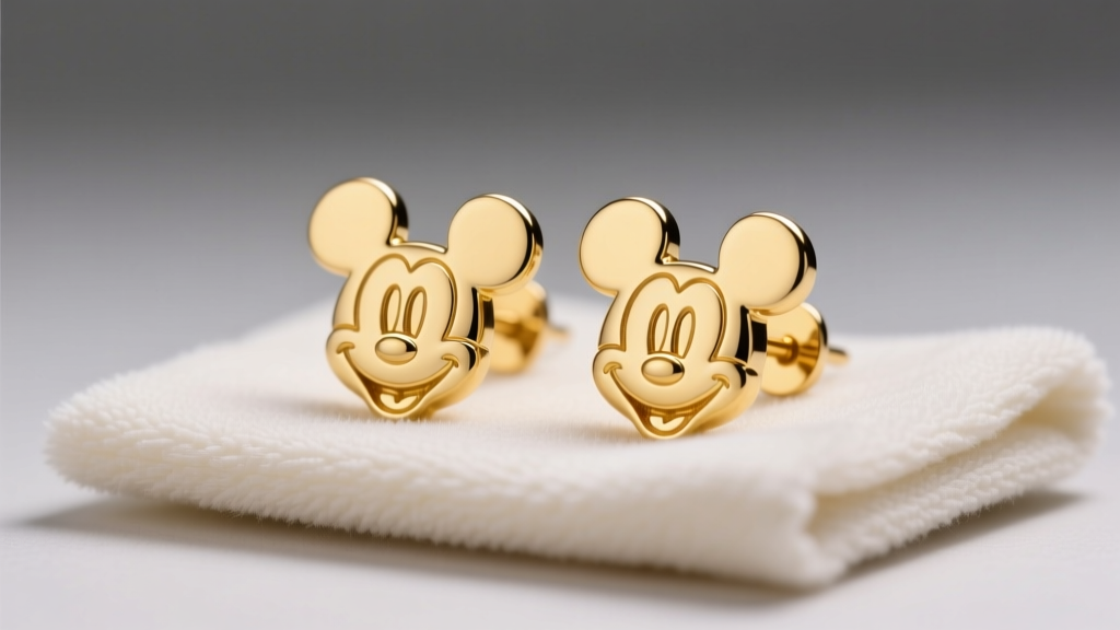 Close-up of 14k yellow gold Mickey silhouette stud earrings resting on a soft microfiber polishing cloth under warm studio lighting.