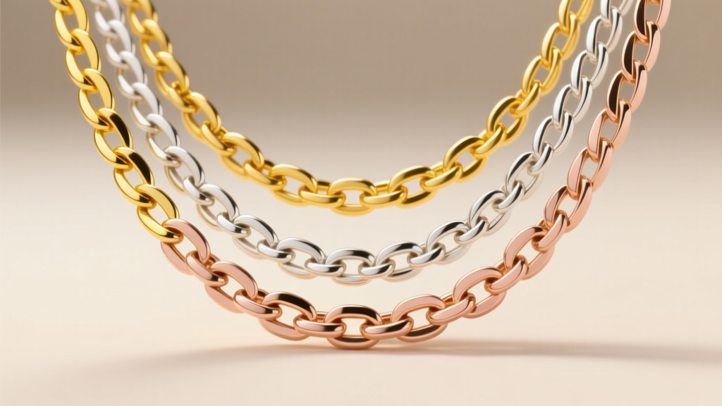 Three overlapping gold chain necklaces showing distinct yellow, white, and rose gold colors, illuminated by warm studio lighting