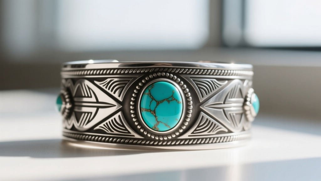 Close-up of a 12-gauge sterling silver Navajo cuff bracelet with deep stamped repoussé designs and an oval turquoise cabochon.