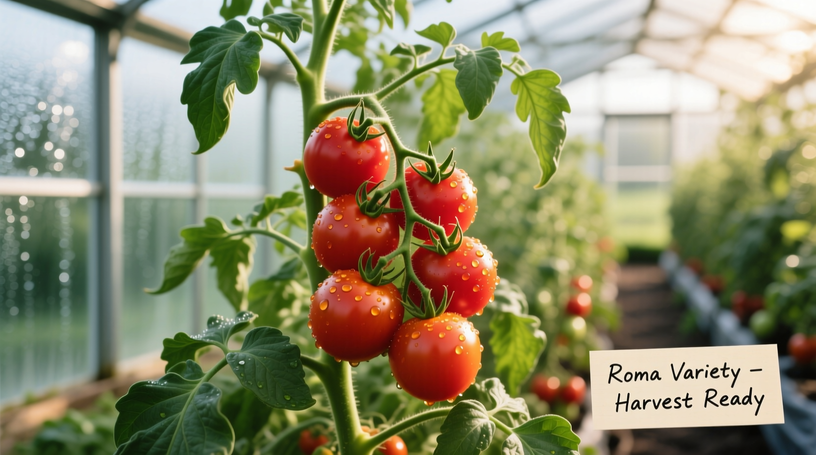 Healthy tomato plant growing in greenhouse with ripe fruit