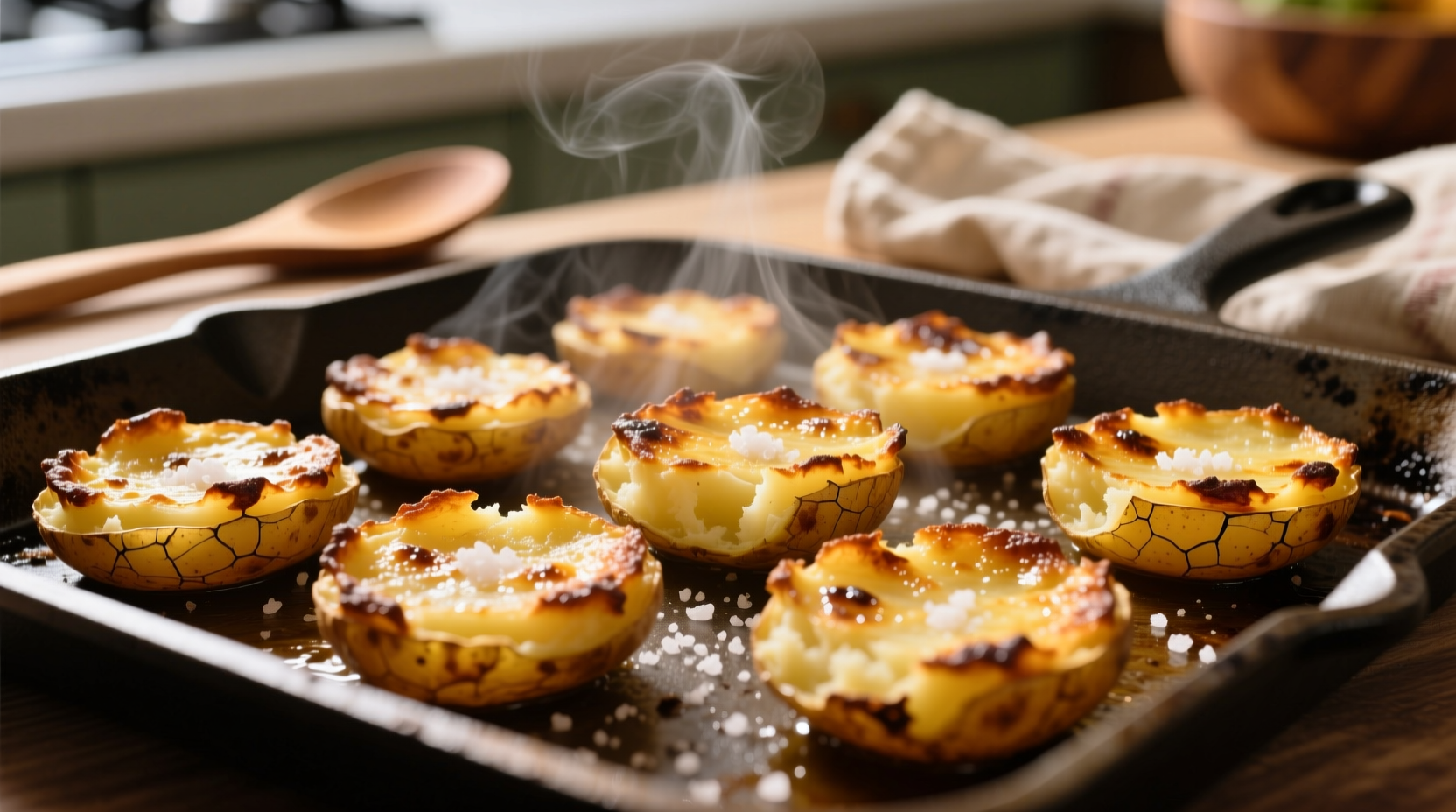 Golden smashed potatoes with crispy edges on baking sheet