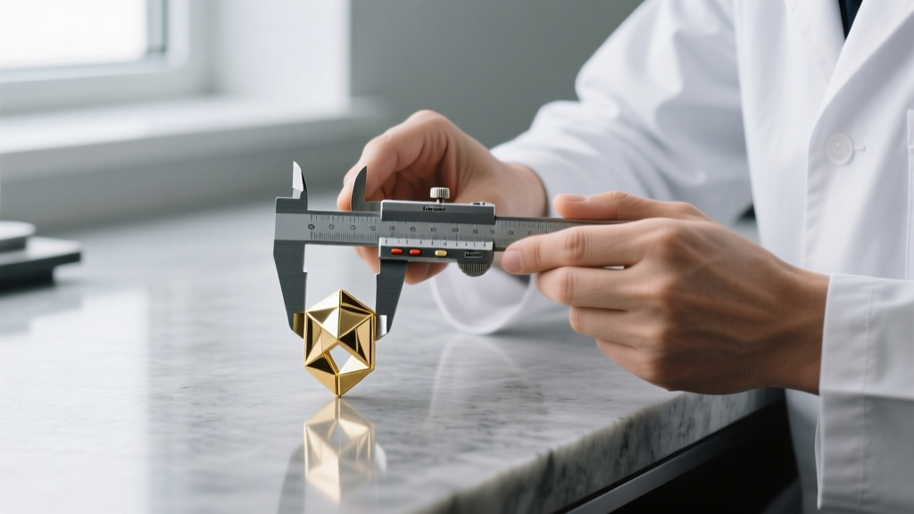 Jeweler using precision calipers to measure the gram weight of a tungsten-infused 14k gold counterbalance clasp on a workbench