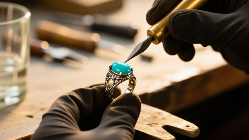 Jeweler using a brass bezel pusher to secure a loose turquoise cabochon into a vintage silver setting under warm light