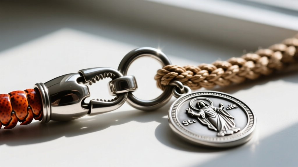Macro shot of a secure lobster clasp and thick soldered jump ring attaching a heavy St. Michael medal to a woven rope chain
