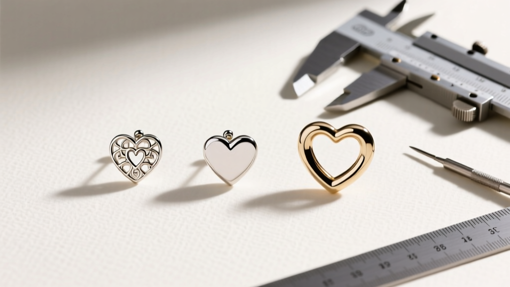 Flat lay of three earring with heart styles: a 16g cartilage stud, 18g lobe stud, and 14g hoop, beside metal gauge tools.