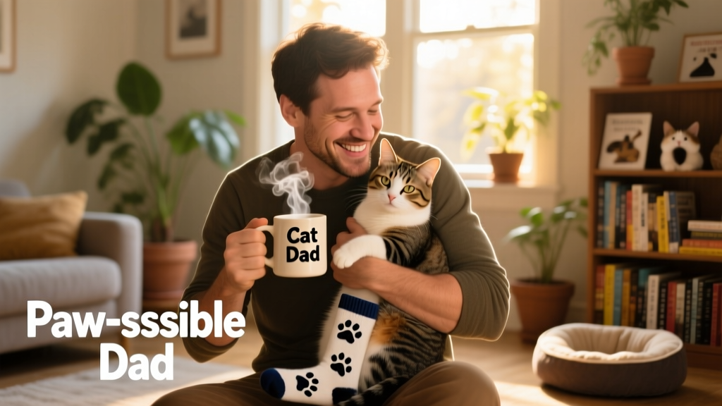 A smiling cat dad holding his cat while wearing a 'Cat Dad' mug and personalized socks
