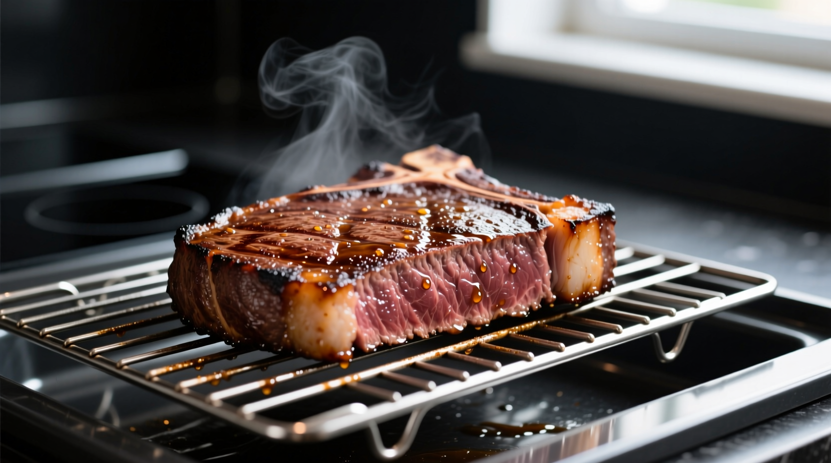 Perfectly cooked steak on oven rack