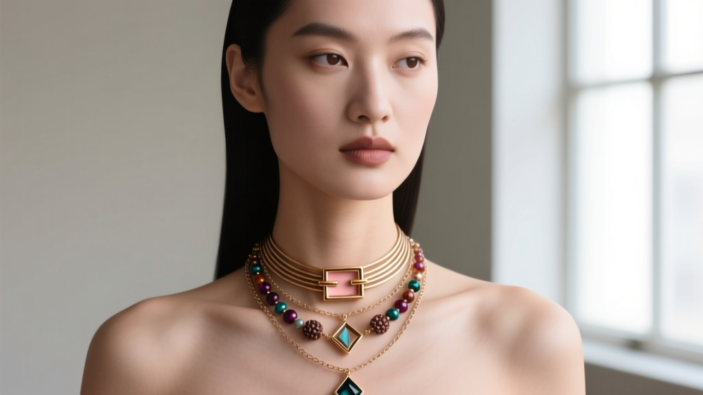 Fashion editorial shot of a model wearing an asymmetrical layered necklace stack secured by a central rose gold stacking clasp.