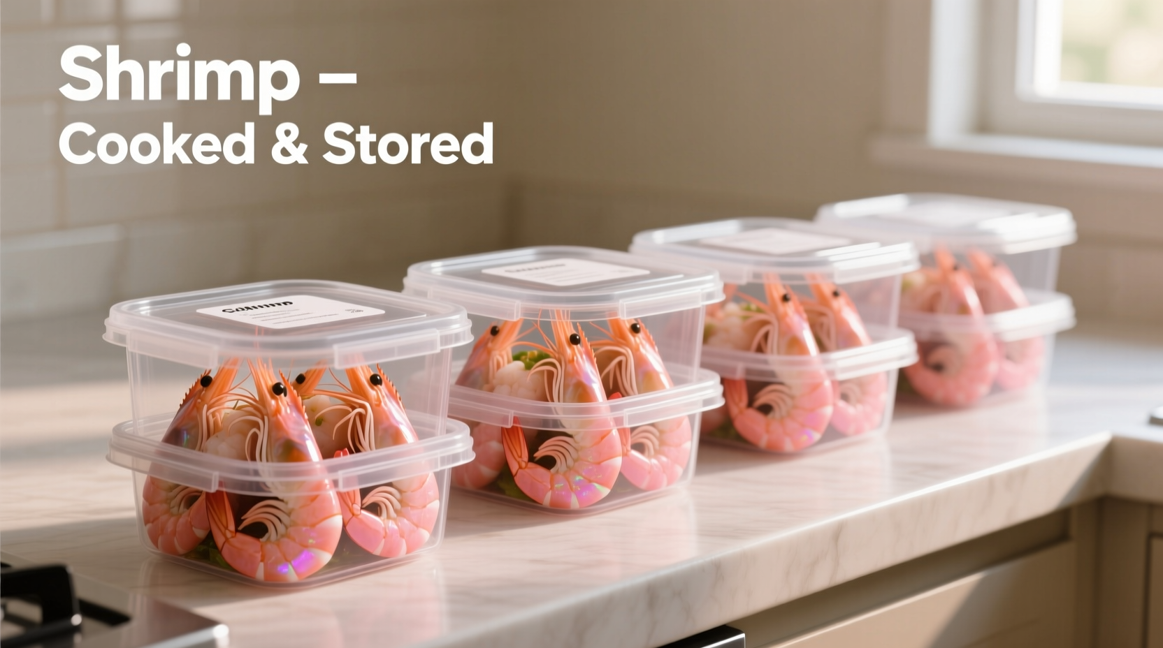Cooked shrimp in proper food storage containers