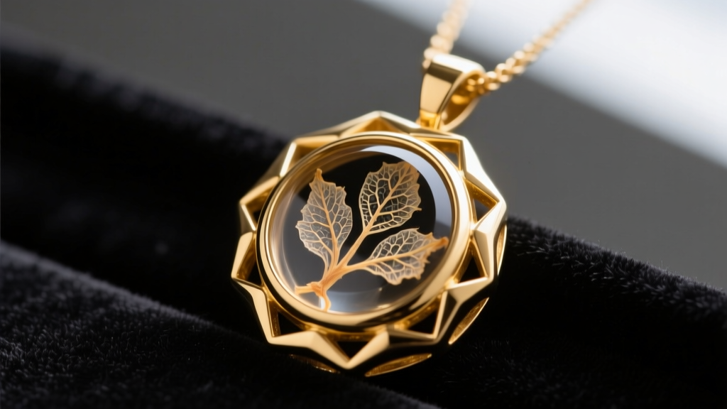 Macro shot of an 18k gold bezel pendant holding resin-encapsulated dried organic tissue on dark velvet under soft light